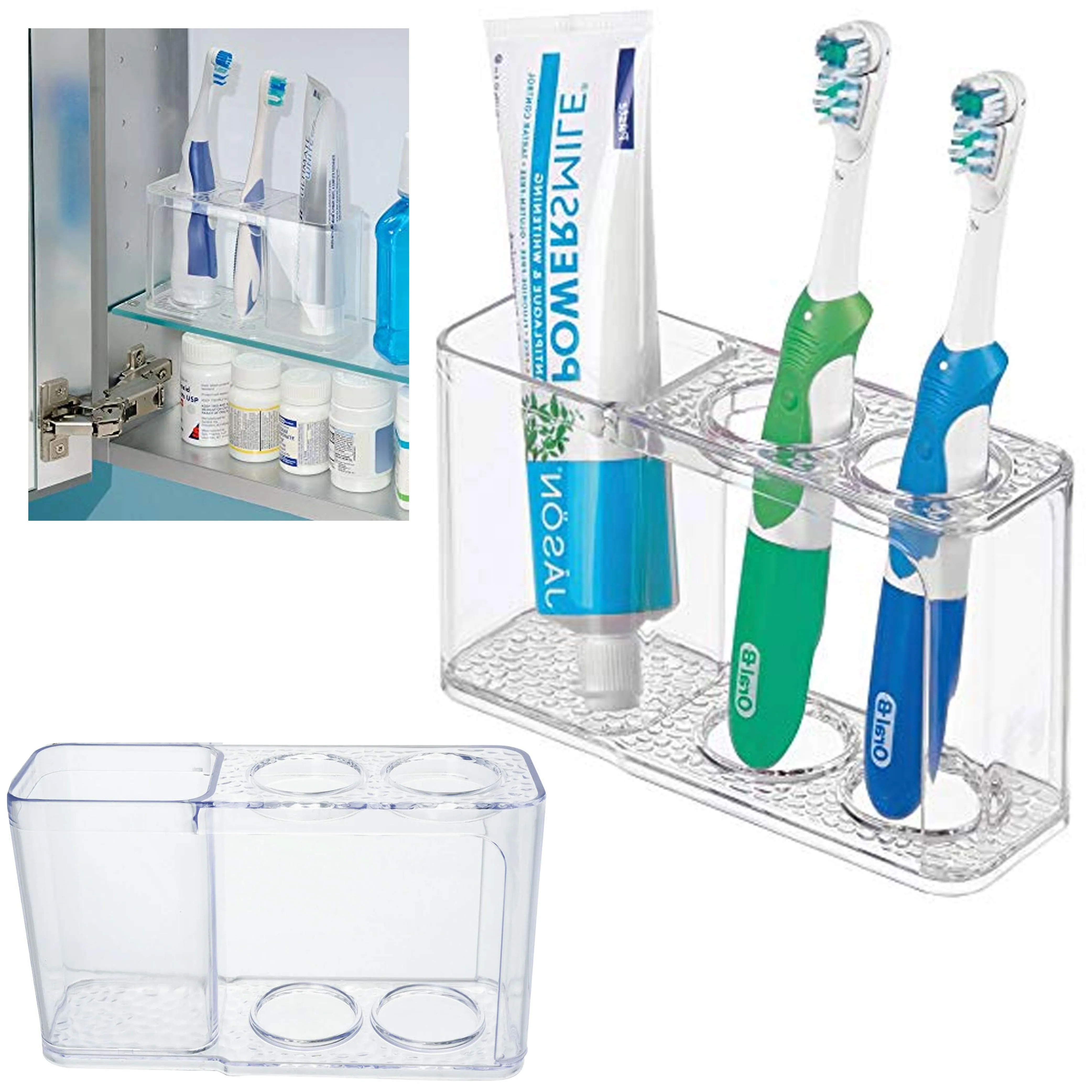 2PC Acrylic Toothbrush Organizer Holder Toothpaste Clear 3 Slot Bathroom Vanity