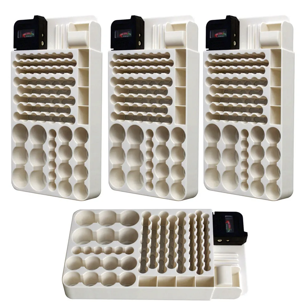 4 Battery Caddy Storage Plastic Holder Rack Organizer Tester Holds 82 AA AAA 9V