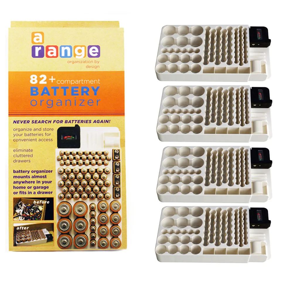 4 Battery Caddy Storage Plastic Holder Rack Organizer Tester Holds 82 AA AAA 9V