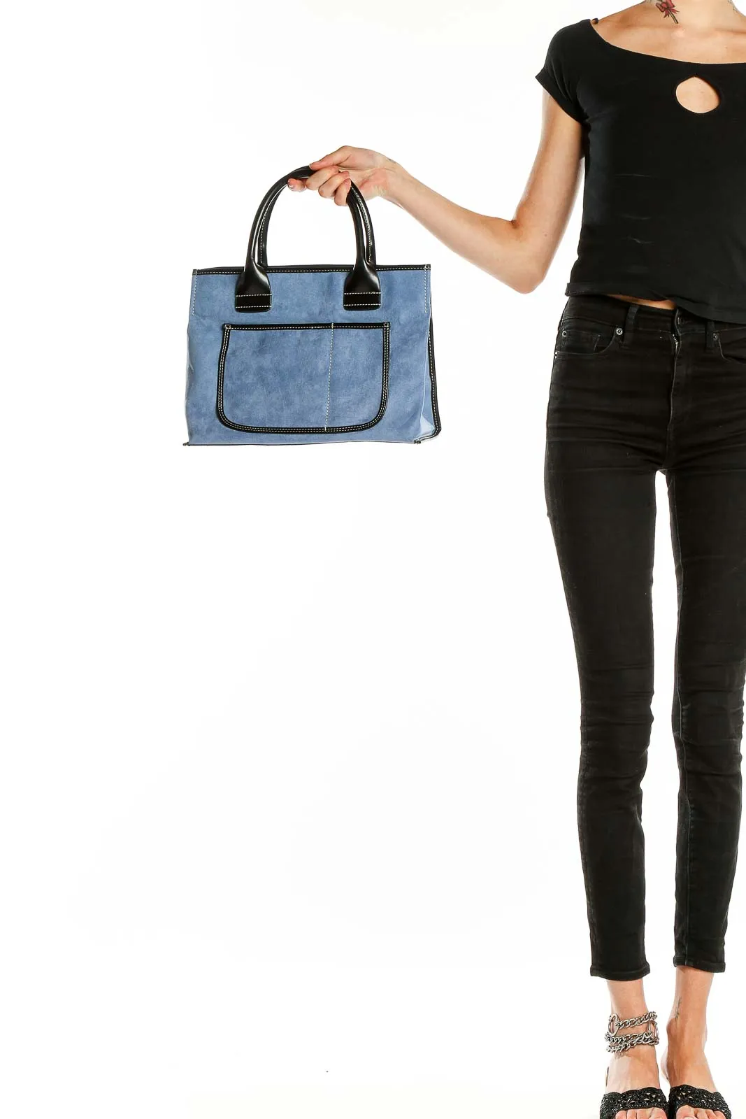 Blue Suede Structured Satchel Handbag