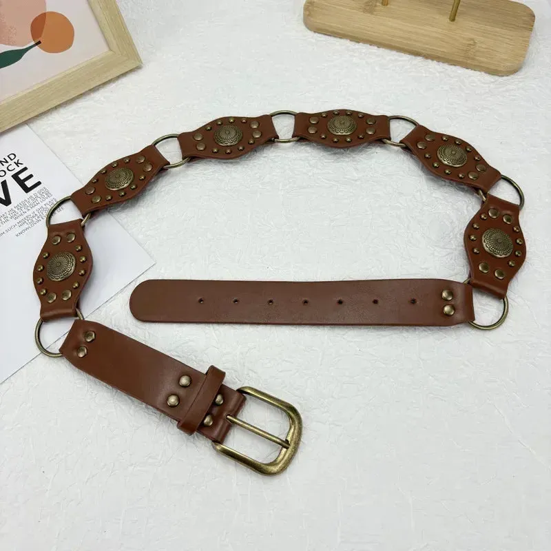 Vintage Circle Rivet Wide Belt - Cowboy Hollow PU Girdle Punk Metal Buckle